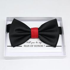 Black and Red bow tie, Best man request gift, Groomsman bow tie, Man of honor gift, Best man bow tie, best man gift, man of honor request, thank you Bow Color: Black and Red Bow size: 5 inches (width) and 2.5 inches (height) Neck Size(Adjustable) : 11’’ – 19’’ Box Size: 5.5" X 4" Color of Note Card Paper: White (custom order accepted) Email Us For Further Customization Options & Details! Were Happy To Help Black Bow Tie For Groom, Classic Red Bow Tie For Gift, Black Bow Tie For Wedding, Black Bow Tie Suit Accessories Gift, Red Bow Tie As Gift, Black Bow Tie Accessories As Gift, Black Bow Tie For Gift, Red Bow Tie Adjustable For Gift, Red Bow With Bow Tie Back For Gift