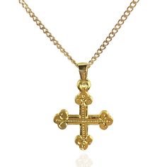 "*SHIPPING DELAY on this piece, it's currently in production and will ship by late May, 2022. This is a gold plated cross piece. It's made of pewter and cast at a production house in Rhode Island and then I hand finish and gold plate it in Toronto, Canada. I only have a couple right now, you can buy it with or without the chain and I can make the chain any length you want under 24\". Chain has a long lasting golden plating over stainless steel and has a lobster clasp. All of my plating is good q Medieval Style Gold Jewelry For Gift, Gold Spiritual Cross Necklace With Engraving, Medieval Gold Jewelry Gift, Medieval Style Gold Engraved Necklace, Engraved Brass Cross Necklace, Medieval Cross Necklace As Gift, Medieval Cross Necklaces As Gifts, Medieval Engraved Cross Jewelry, Byzantine Style Gold Crucifix Jewelry