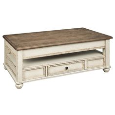 an old white coffee table with drawers on it's sides and a wooden top