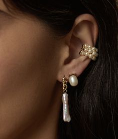 14ct Vermeil on Sterling Silver Swarovski Pearl Measurement: 14mm/0.55in Timeless 14k Gold Pearl Earrings For Gift, 14k Gold Ear Cuff For Wedding, Refined Gold Jewelry With Matching Earrings, Classic Single Pearl Earring In 14k Gold, Single Classic Pearl Earring In 14k Gold, Classic Single 14k Gold Pearl Earring, Yellow Gold Ear Cuff For Wedding, 14k Gold Pearl Chain Earrings As Gift, 14k Gold Earrings With Pearl Chain For Gift