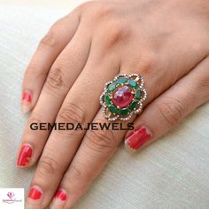 Stunning Ruby Gemstone Ring, Beautiful Emerald Ring, Pave Diamond Ring, Sterling Silver Jewelry, 14k Gold Plated Ring, Wedding Gift Jewelry Gross Weight: 9.36 gram Gemstone Weight: 11.10 cts Diamond Weight: 0.70 cts Ring Size: 28X23 MM NOTE:- All The Products Are Designed And Manufactured In My Workshop By Me & My Team. Shown Products Are Purely Handmade. Custom Orders Are Open Handly Accepted. We Are the Perfect Choice For Any Custom Jewelry Manufacturing. For Bulk Orders Please Message me. Elegant Ruby Ring, Hand Set, Yellow Gold Diamond Ring With Stone Setting, Yellow Gold Diamond Promise Ring With Stone Setting, Elegant Hand Set Ruby Ring For Wedding, Elegant Hand-set Ruby Ring For Wedding, Elegant Wedding Ruby Ring Hand Set, Formal Diamond Rings With Stone Setting, Heirloom Diamond Ring With Stone Setting, Multi-stone Emerald Diamond Ring As Gift