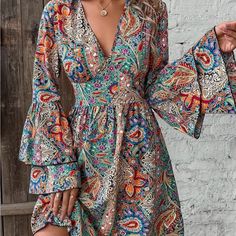 Paisley Print V-Neck Dress, Vacation Style Layered Ruffle Sleeve A-Line Dress For Spring & Fall, Women's Clothing Fitted V-neck Boho Dress For Party, Multicolor V-neck Boho Dress With Floral Print, V-neck Floral Print Boho Dress For Party, Bohemian V-neck Midi Dress For Party, Multicolor Floral Print V-neck Dress, Multicolor Vibrant Print V-neck Dress, Fitted V-neck Boho Dress With Boho Print, Vibrant Print V-neck Midi Dress For Party, V-neck Midi Dress With Paisley Print For Beach