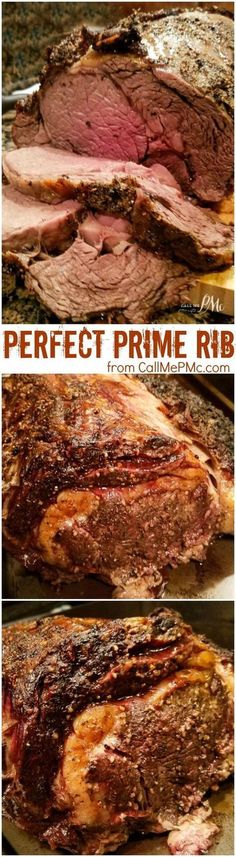 three different pictures of some meat on a pan with the words perfect prime rib in it