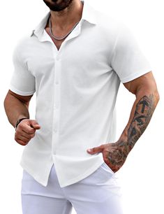 PRICES MAY VARY. 【WRINKLE-FREE & STRETCHY FABRIC】: Our mens short sleeve muscle dress shirt white is crafted from wrinkle-free and stretchy fabric, making it the perfect choice for a comfortable and stylish short sleeve button down dress shirt that you can comfortably wear from day to night. The breathable and soft material of this Muscle Fit dress shirt men ensures you feel good while looking great whether on formal or informal occasions 【LOOK & FEEL FABULOUS】: This short sleeve white dress shi White Dress Shirt Outfit Men, White Shirt Dress Outfit, Button Shirt Outfit, Dress Shirt Short Sleeve, Button Down Shirt Men, White Short Sleeve Dress, Shirt Outfit Men, Collar Shirt Men, Wedding Moodboard