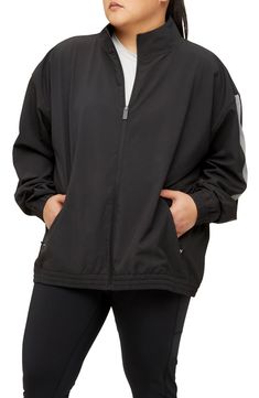 A back vent adds breathability to a sporty jacket complete with reflective stripes on the sleeves. Stand collar   90% recycled polyester, 10% spandex   Hand wash, line dry   Imported Sporty Windbreaker With Reflective Details, Hooded Track Jacket With Reflective Details For Sports, Hooded Track Jacket With Reflective Details, Fall Sports Track Jacket With Reflective Details, Black Sports Track Jacket With Reflective Details, Black Track Jacket With Reflective Details For Sports, Sporty Outerwear With Reflective Details For Sports, Sporty Outerwear With Reflective Details, Sporty Black Track Jacket With Reflective Details