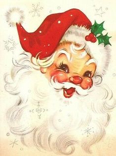 an old fashioned christmas card with santa claus's face and holly berries on it