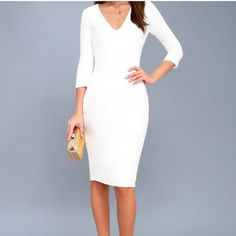 New With Tag. Lulus White Style And Slay Bodycon Chic Midi Dress, Lulus Exclusive! Dress It Up For Work, Dress It Down For Brunch, The Styling Possibilities Are Endless With The Lulus Style And Slay White Bodycon Midi Dress! Medium-Weight, Stretch Knit Dress Has A Deep V-Neckline, Darted Bodice, And Fitted Three-Quarter Sleeves. Bodycon Midi Skirt With Back Kick-Pleat Has A Chic And Sophisticated Look. Hidden Back Zipper. Dress Is Lined; Sleeves Are Not. Shell: 68% Rayon, 27% Nylon, 5% Spandex. White V-neck Bodycon Dress For Date Night, White V-neck Bodycon Dress, White V-neck Bodycon Dress For Brunch, Fitted White V-neck Dress, White Midi Length V-neck Dress For Formal Occasion, White Midi V-neck Dress For Formal Occasions, White Fall Dress, White Dress Fall, White Pencil Dress