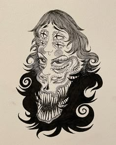 a drawing of a woman's face with hair blowing in the wind and eyes open