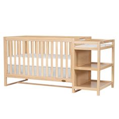 a wooden crib with shelves on each side and a mattress in the bottom half