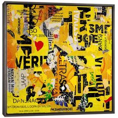 a yellow and black art piece with words on the bottom, in different languages that are written