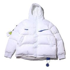 PUMA x Ader Error Puffer Jacket 'White' 595534-02 White Hooded Puffer Jacket With Padded Collar, Ader Error, Puma X, Stylish Sneakers, Puffer Jacket, Puffer, Closet, White