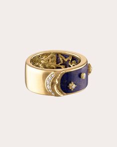 Formed from 14-karat gold and lapis lazuli, this band ring decorates its half-and-half design with diamond accents and a dimensional array of moon, sun and star motifs. From Eden Presley's Celeste Collection. 14k gold, lapis lazuli and diamond Carat: 0.23 ctw diamond Diamond color: G-H Diamond clarity: VS1 Polish with soft cloth Made in the USA Measurements Width: 0.5in Moon Half, Lapis Lazuli Ring, Moon Sun, Half And Half, Sun And Stars, Diamond Carat, Diamond Rings Bands, Diamond Color, Diamond Clarity