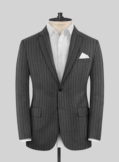 Introducing the Italian Wool Agseni Suit, a sophisticated choice that not only enhances your appearance but also exudes an authoritative presence. Meticulously crafted from the finest pure wool fabric, this exceptional suit showcases a tasteful pattern of evenly spaced vertical stripes, emanating an air of distinction. The subtle gray tone further amplifies its overall charm while its design embodies a refined and understated aesthetic. Whether you find yourself in a formal business meeting, a f Pinstripe Business Suits With Lapel Collar, Pinstripe Suits With Lapel Collar For Business, Luxury Pinstripe Blazer For Office, Luxury Pinstripe Outerwear With Notch Lapel, Luxury Pinstripe Blazer For Semi-formal Occasions, Elegant Pinstripe Blazer With Hidden Button Closure, Elegant Pinstripe Blazer With Hidden Buttons, Luxury Tailored Pinstripe Outerwear, Luxury Pinstripe Single Breasted Outerwear