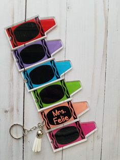 "Personalized Teacher Name Acrylic Crayon Key chain with Tassel, Great Teacher Appreciation Gift. Great Teacher Appreciation gift for your child's favorite teacher's keys! Chose crayon color and keychain/spiral bracelet from the drop down box. This listing is for ONE (1) Personalized key chain with your child's or teacher's name and white tassel - great backpack or lunchbox tag, a super cute gift. If you need more than what appears available, please send me a message and I can adjust the listing Multicolor Fun Keychains For School, Fun Multicolor Keychains For School, Customized Multicolor Keychains For School, Personalized Multicolor Craft Supplies For Back To School, Rectangular Multicolor Keychains For School, Multicolor Craft Supplies For Back To School, Personalized Multicolor Craft Supplies For School, Multicolor Personalized Educational Craft Supplies, Personalized Multicolor Rectangular Craft Supplies