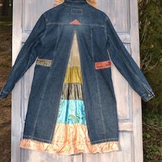 Festival Denim Patchwork Outerwear, Hippie Patchwork Denim Jacket For Fall, Bohemian Fall Outerwear With Patches, Bohemian Winter Outerwear With Patches, Bohemian Winter Denim Jacket With Patchwork, Bohemian Patchwork Denim Jacket For Winter, Hippie Patchwork Denim Jacket For Spring, Spring Hippie Patchwork Denim Jacket, Fitted Bohemian Outerwear In Medium Wash