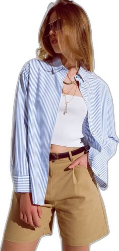 Blue Collared Tops For Fall, Office Tops With Placket For Spring, Striped Cotton Blouse With Buttons, Chic Blue Tops With Collared Neckline, Chic Blue Shirt With Collared Neckline, Striped Button-up Office Tops, Chic Blue Top With Collared Neckline, Button-up Tops With Placket For Day Out, Trendy Striped Blouse With Buttons