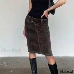 Olivia Mark - Vintage Snowflake Velvet Denim Midi Skirt with Distressed Low Waist Solid Color Straight Slim Fit Hip-Hugging Skirt Winter Streetwear, Denim Midi Skirt, Straight Skirt, Vintage Casual, Types Of Skirts, Low Waist, Vintage Skirt, Midi Skirt, Slim Fit