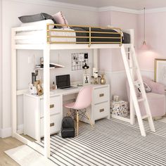 a bedroom with bunk beds and white furniture