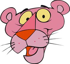 a cartoon pink panther face with its mouth open and tongue hanging out to the side