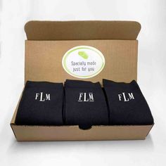 Classic monogrammed gift set for men with classic initials. Custom Wraps, Kraft Boxes, Black Tulle, Sock Shop, Sock Gifts, Full Name, No Show Socks, Special Promotion, Fashion Socks