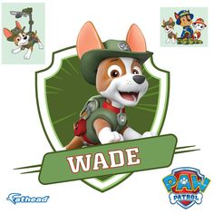 an image of a cartoon dog with the words wade on it's chest and two images