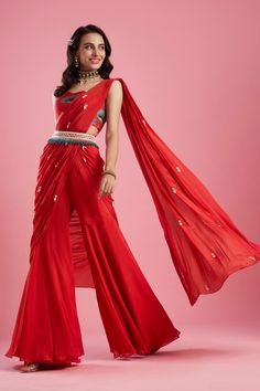 Aayushi Maniar-Red Gharara Saree Set-INDIASPOPUP.COM Gharara Saree, Red Gharara, Dhoti Saree, Drape Sarees, Sangeet Outfit, Desi Wear, Saree For Women, Drape Saree, Red Saree