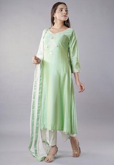 Readymade Cotton Silk Pakistani Suit in Light Green color. This attire with Cotton Lining is Enhanced with Resham and Sequins Work. Crafted in V Neck and Quarter Sleeve. Available with an Art Dupion Silk Pant and a Faux Chiffon Dupatta in Off White color. The Kameez and Bottom Lengths are 46 and 38 inches respectively.   Do note: 1.)Accessories shown in the image are for presentation purposes only and length may vary upto 2 inches. 2.)Slight variation in actual color vs. image is possible.   We sell all kinds of Salwar Kameez Sets for Women. Cotton Silk Kameez | Pakistani Kameez | Readymade Salwar Kameez | Cotton Silk Pakistani Suit | Faux Chiffon Dupatta | Dupion Silk Pant | Resham Work Salwar Suit | Sequins Work Salwar Suit | Indian Festival Wear Suits | Indian Wedding Outfit | Indian Pa Pakistani Kameez, Party Wear Dresses Indian, Silk Kameez, Indian Party Wear Dresses, Pakistani Sharara, Wedding Outfits Indian, Suits Indian, Outfit Indian, Suit Indian