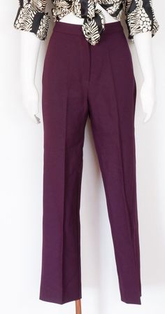 "Classic 1970's straight leg pants Dark purple polyester High Rise Straight leg Permanent crease Measurements: Best fits - Small Waist - 25\" Hip  - 35\" - 36\" Length - 39.5\" Rise - 12.5\" Inseam - 30\" Condition - Excellent - No major flaws Label - none *All measurements are taken in inches. Please compare and ensure fit of item before purchase. Please feel free to contact me with any questions. Looking for more pants? Check out these listings: https://www.etsy.com/shop/flatlandfinery?section Purple Pants Women, Dark Purple Pants Outfit, Purple Trousers Outfit, Purple Dress Pants, Purple Pants Outfit, Winter Palette Outfits, Deep Winter Palette Outfits, Royal Purple Color, Elegant Pant