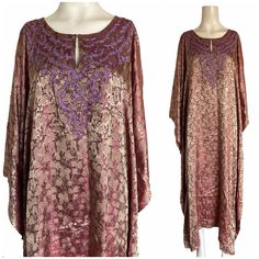 Vintage Smithsonian Institution Gold Purple Shimmering Embroidered Kaftan Dress M-L. Soooooo Gorgeous! In Great Condition, No Flaws. Gold /Berry Red Shimmering Kaftan With Purple Embroidery. Keyhole Detail At Collar With Hook-Eye Closure. This Is Labeled A Sz M Would Easily Fit A L. Please Go By Measurements. Total Width Is 51” But Inner Side Seams Is 36” 52” Long * Vintage, 60’s 70’s Hippie, Cult, Embroidery, Satin, India, Festive Silk Purple Kaftan, Festive Purple Silk Kaftan, Embroidered Purple Silk Dress, Purple Silk Dresses With Floral Embroidery, Festive Purple Tunic Dress, Festive Purple Embroidered Kaftan, Long Purple Festive Kaftan, Elegant Purple Festive Kaftan, Festive Long Purple Kaftan