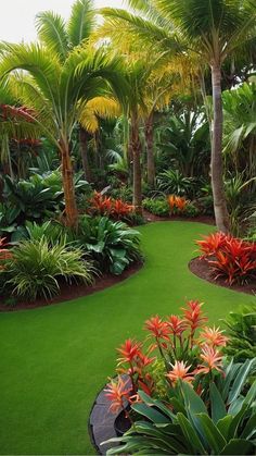 tropical garden with lush green grass and colorful flowers in the center, surrounded by palm trees