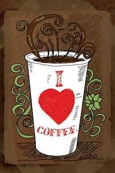 a drawing of a coffee cup with hearts in it and the words i love coffee