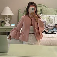 Adorable Thick Blush Jacket. True To Size. Oversized Sleeves With Adorable Ruffle Details. No Closure. Items Can Also Be Purchased Through Instagram! $10 Flat Rate Ground Shipping Message Me @Shelbyanne21 Feminine Spring Outerwear For Work, Chic Outerwear For Spring Brunch, Trendy Long Sleeve Blazer For Brunch, Chic Spring Blazer For Brunch, Feminine Fall Outerwear For Day Out, Feminine Outerwear For Fall Day Out, Feminine Outerwear For Day Out In Fall, Chic Fall Outerwear For Brunch, Trendy Spring Outerwear For Brunch