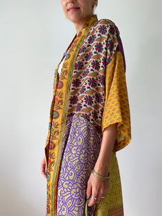 "This is free size patchwork robe, super comfy around the house and as an outside long boho style topper  Perfect on the beach, hotel or spa can also be worn on its own or layered over jeans and t shirt MEASURE made free size length 55\" MATERIAL *polyester *no lining  More boho style ideas at  https://www.etsy.com/shop/AltheaStores Thank You for looking" Comfy Street Style, Urban Boho, Patchwork Kimono, Kimono Duster, Saree Silk, Kimono Sleeves, Silk Robe, Wrap Coat, Indian Saree