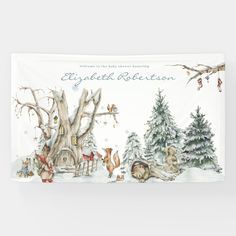 an image of a christmas card with animals in the snow and trees on it's side