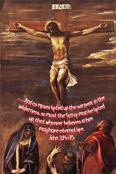 an image of jesus on the cross with other people around him and his words written below it