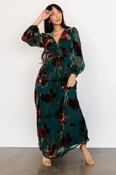 Say hello to our Mikla Velvet Maxi Dress! This gorgeous dress features jade green burnout velvet with burgundy, rust and gold floral! Jade Background, Wedding Guest Outfit Fall, Tulle Maxi Dress, Maxi Outfits, Wedding Guest Attire, Boho Style Outfits, Burnout Velvet, Velvet Maxi Dress, Velvet Maxi