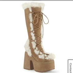 Camel Suede Platform Boots With White Fur New Never Worn Lace High Heels, High Heel Stiefel, Winter Heels, High Top Boots, White Fur, Casual Winter Outfits, Dream Shoes, Pretty Shoes, Tie Shoes