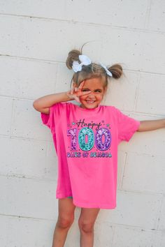 "Introducing our cute faux glitter/sequin \"100 days of school\" shirt, we use Comfort Colors® shirts for a comfortable fit, this is a stylish piece that celebrates your little girls 100th day of school! With its unique design and color customizability, this shirt is perfect for your little one to showcase their pride and individuality on Valentine's Day. This comes personalized with her name. The print is a faux glitter, and is printed on, this is not real glitter/sequin. Our Comfort Colors® T- 100 School Day Shirt Ideas, 100 Day Tshirt Ideas, 100 Days Of School Shirt Ideas, 100 Days Brighter Shirt, 100 Days Of School Shirts, 100 Day Of School Shirt, 100th Day Of School Shirts, 100 Day Shirt Ideas, 100days Of School Shirt