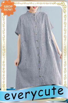 Plus Size Black White Plaid Cotton Pockets Summer Dress Black Midi Dress With Pockets For Daywear, Casual Black Shirt Dress With Pockets, Black Shirt Dress With Pockets For Daywear, Black Dresses With Pockets For Daywear, Plus Size Black, White Plaid, Summer Dress, Loose Fitting, Hand Wash