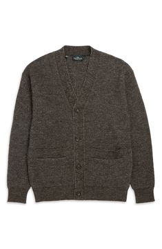 Layer up in the polished good looks of this cardigan knit from fine merino wool enhanced with the luxurious soft touch of alpaca for a timeless addition to your outfit. Front button closure V-neck Long sleeves 70% merino wool, 30 % alpaca Dry clean Imported Luxury Wool V-neck Cardigan, Luxury Wool V-neck Outerwear, Luxury Wool V-neck Sweater, Formal Shawl Collar Winter Cardigan, Formal Shawl Collar Cardigan For Winter, Classic Shawl Collar Cardigan For Winter, Fall Mohair V-neck Outerwear, Mohair V-neck Outerwear For Fall, Luxury Cashmere Cardigan With Button Closure