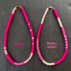 Limited edition pinktastic heishi bead necklace will have you feeling like a doll! Perfect for lounging at your Malibu Dream House or cruising in a pink convertible. 17 inches long 6mm soft vinyl and gold-plated Heishi beads Libby & Smee exclusive style Malibu: bright pink and baby pink Malibu Beach: bright pink, peony pink and pale blush flexible heavy-duty beading wire gold-plated lobster claw closure, crimps, crimp covers (lead-free and nickel-free) all Libby & Smee beaded necklaces come pack Heishi Bead Necklace Ideas, Heishi Bead Necklace, Adjustable Single Strand Pink Beaded Necklace, Pink Tiny Beads Necklace For The Beach, Pink Beachy Jewelry For Beach Season, Pink Jewelry For Beach Season Vacation, Pink Jewelry For Vacation And Beach Season, Pink Beaded Necklace For Beach With Colorful Beads, Pink Tiny Beads Jewelry For Vacation