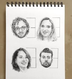 a pencil drawing of four people's faces on a sheet of paper with one man and the other woman