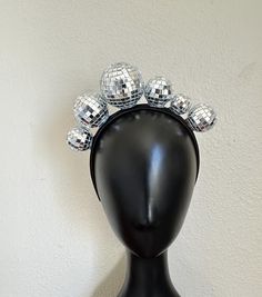 Asymmetric Disco Ball Dancing Queen Crown LISTING SPECS: - 6 multi-size disco balls -1-inch satin wrapped headband base for superior comfort - Handmade to order **Looking for something a little different? more butterfly headbands, crowns, and masks: https://www.etsy.com/shop/muliebritymade/?etsrc=sdt&fbclid=PAZXh0bgNhZW0CMTEAAaa3192460EBjq5Xe7E0emwuISXuAWC2-XGuEA8z7Qp6nJ0zK3Fe9rNO92U_aem_z1YZ1pKXQmJ8V0bMqQuCAQ&load_webview=1&bid=M7oMYbcYYkrebKTpX19upSW4nBTV§ion_id=33299170 colorful home decor: h Retro Headpieces For Party, Fitted Retro Party Headpieces, Adjustable Headband For Party, Adjustable Headband For Parties, Adjustable Party Hair Accessories With Matching Headband, Adjustable Silver Headpiece For Carnival, Silver Adjustable Headpieces For Carnival, Fun Summer Party Headpiece, Silver Headband For Party