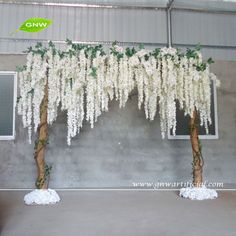 white flowers are hanging from the ceiling in front of a gray wall and two windows