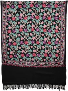 Black Shawl with Colored Floral Work Embroidery - A black stole in wool with beautiful multi-colored (red/purple/pink petals, green leaves) floral embroidery done well, with a border. This beautiful woolen Shawl is ideal for as a warm cover wear, for social or casual occasions during changing weather, and especially during winters. Wear with slacks or even a simple stylish skirt or dress. Length: 72" Width: 29"; Material: 100% Wool (embroidery is not woolen) Black Pashmina Shawl With Embroidered Border, Festive Black Pashmina Shawl With Embroidered Border, Traditional Black Shawl With Floral Embroidery, Embroidered Black Pashmina Shawl, Festive Black Shawl With Embroidered Border, Black Pashmina Shawl With Resham Embroidery, Black Shawl Dupatta With Floral Embroidery, Black Floral Embroidered Shawl Dupatta, Black Floral Embroidered Dupatta Shawl