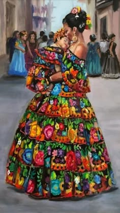 a painting of a woman in a colorful dress