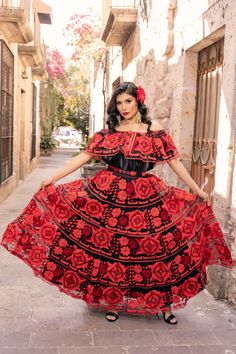 "This Beautiful Chiapaneco Dress is a very elegant and traditional Mexican Dress from Chiapas.  It has a beautiful floral design that is completely hand embroidered with yarn or silk thread.  This dress is perfect for a special occasion, celebration or photo shoot. Length is 40.5\" The skirt comes open on the waist, so that the client can adjust it to their desired sizes. Customer can use a pin or button to close the skirt off. Shop More Mexican Dresses: https://www.etsy.com/es/shop/SoleiEthnic? Mexican Lace Dress, Mexican Theme Dresses Quincedresses.com, Mexican 15 Dress, Embroidered Mexican Flower Catrina Gowns, Quincera Dresses Mexican, Folklorico Dresses Quinceanera, Charro Long Dress, 16 Birthday Dresses Mexican, Quinceanera Mexican Dress