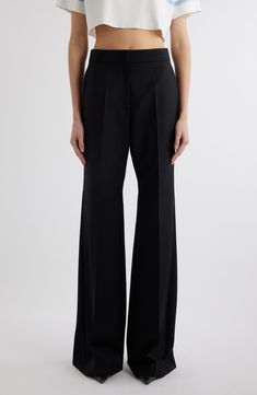 A flared silhouette brings welcome volume to high-waist pants fashioned in Italy from a wool-forward blend. Zip fly with hook-and-bar closure Front slant pockets; back button-welt pockets 96% wool, 1% viscose, 1% elastane, 1% metallic fibers, 1% polyamide Dry clean Made in Italy Designer Clothing Luxury High-waisted Black Pants, Luxury Black High-waisted Pants, Luxury Washed Black Pants With Pockets, Luxury Black Flare Dress Pants, Black Viscose High-waisted Pants, Hair Diffuser, School Wear, Maternity Shops, Designer Clothes For Men