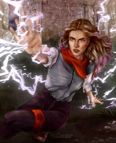 a drawing of a woman holding an apple in the air with lightning coming from behind her