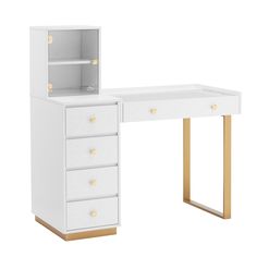 a white desk with gold legs and drawers on it's side, against a white background